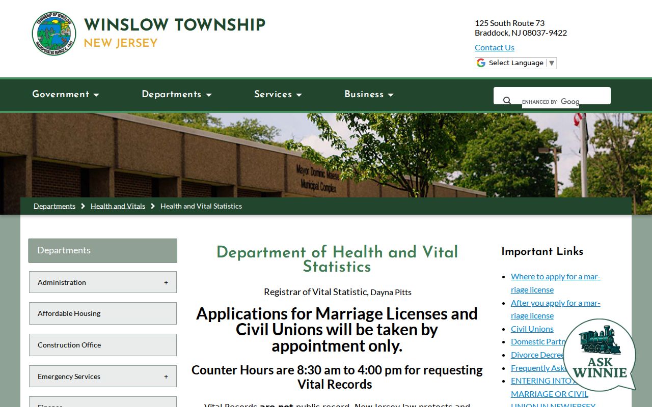Winslow Township resident lookup local vital registrar page